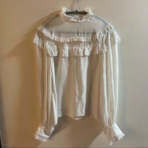 Nicole Miller White Ruffle Mockneck Blouse